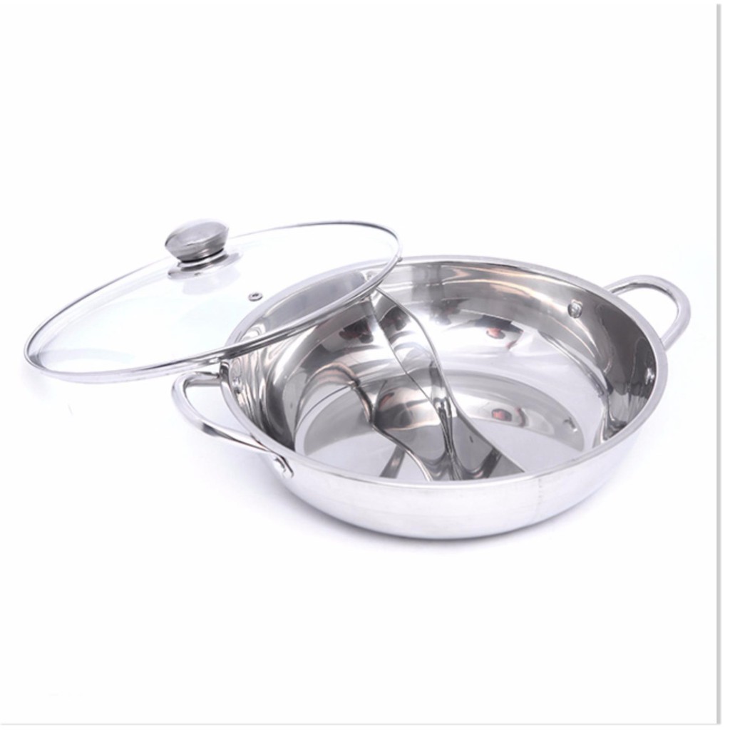 Nồi Lẩu Inox 2 Ngăn Nắp Thủy Tinh 30cm -32cmSang Trọng Tiện Ích [GiaSi 54 ]