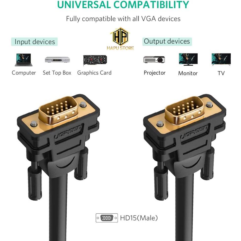 Cáp VGA Ugreen 11646 dài 2m hỗ trợ Full HD chính hãng - Hapustore