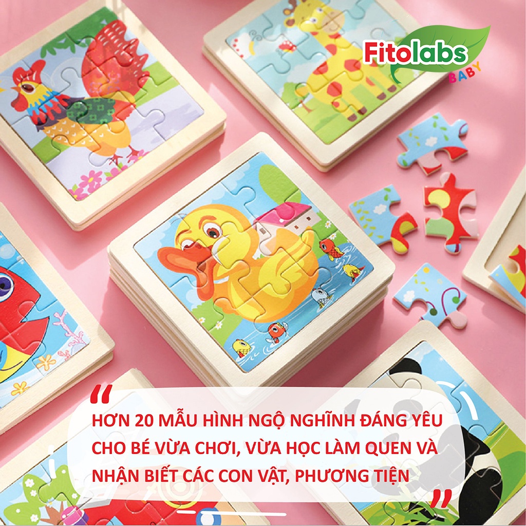 [QUÀ TẶNG KHÔNG BÁN] Tranh Ghép Gỗ Thông Minh FITOLABS Họa Tiết Đáng Yêu, Rèn Luyện Trí Não Cho Bé - 9 Mảnh 11x11cm