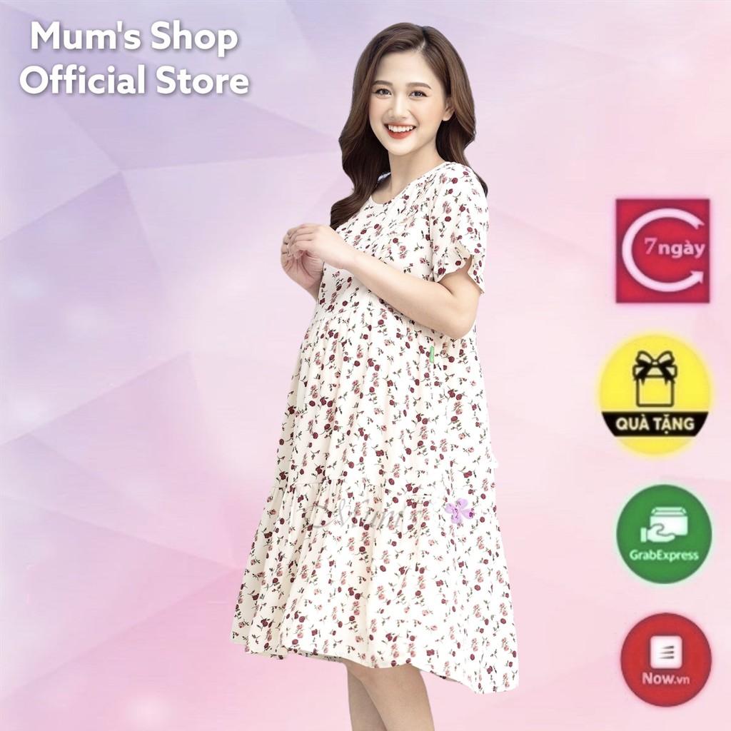 Đầm bầu 😍 FREESHIP 😍 váy voan hoa nhỉ cổ tròn bèo ngực