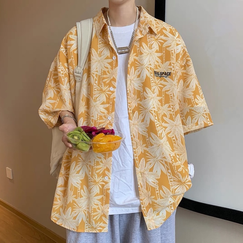 Áo Sơ Mi Lụa Tay Ngắn Dáng Rộng In Họa Tiết Hoa Trẻ Trung Phong Cách Hàn Quốc 2022 Cho Nam