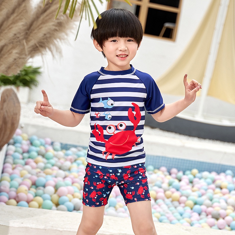 Bộ Đồ Bơi 3 Món Áo + Quần + Mũ 2-10 Tuổi Họa Tiết Con Cua Hoạt Hình Dễ Thương Cho Bé Trai