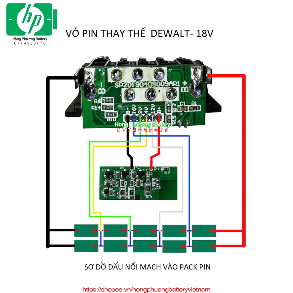 Vỏ mạch thay thế pin Dewalt 18V 5A 2hàng 18650 [ HP Battery ]