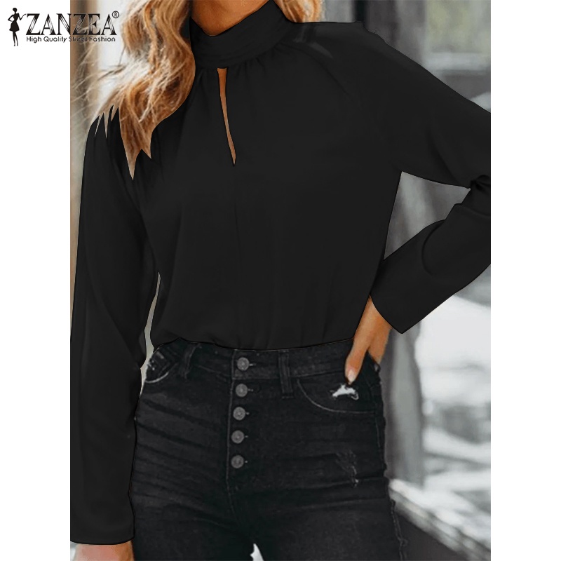Áo kiểu ZANZEA tay phồng cổ đứng màu trơn thời trang cho nữ