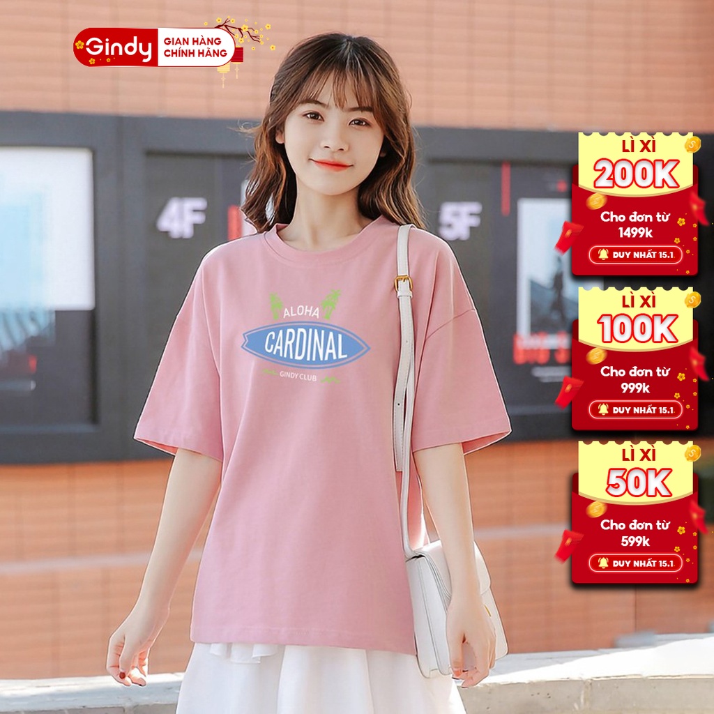 Áo phông in hình nữ GINDY Aloha cổ tròn unisex basic tay lỡ chất liệu cotton thoáng mát A6131