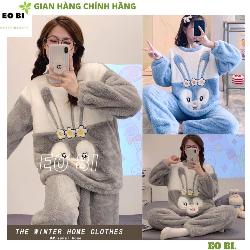 Bộ ngủ lông cừu THỎ HOA XANH XÁM phối màu dễ thương, Sét đồ bộ mặc nhà thu đông chất lông ấm áp form rộng - EOBI