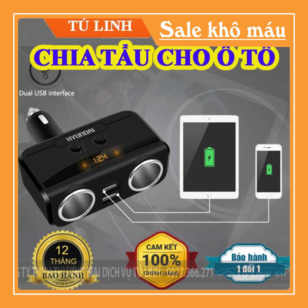 Bộ chia 2 cổng tẩu, 2 cổng usb chính hãng Hyundai hiển thị điện áp ô tô