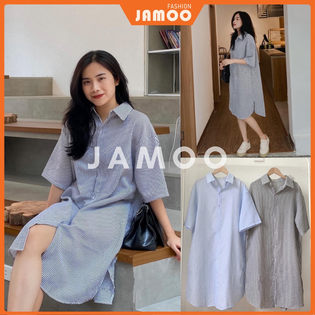 VÁY SƠ MI KẺ DỌC SUÔNG FORM RỘNG - Váy sơ mi kẻ đen/xanh dáng suông JAMOO
