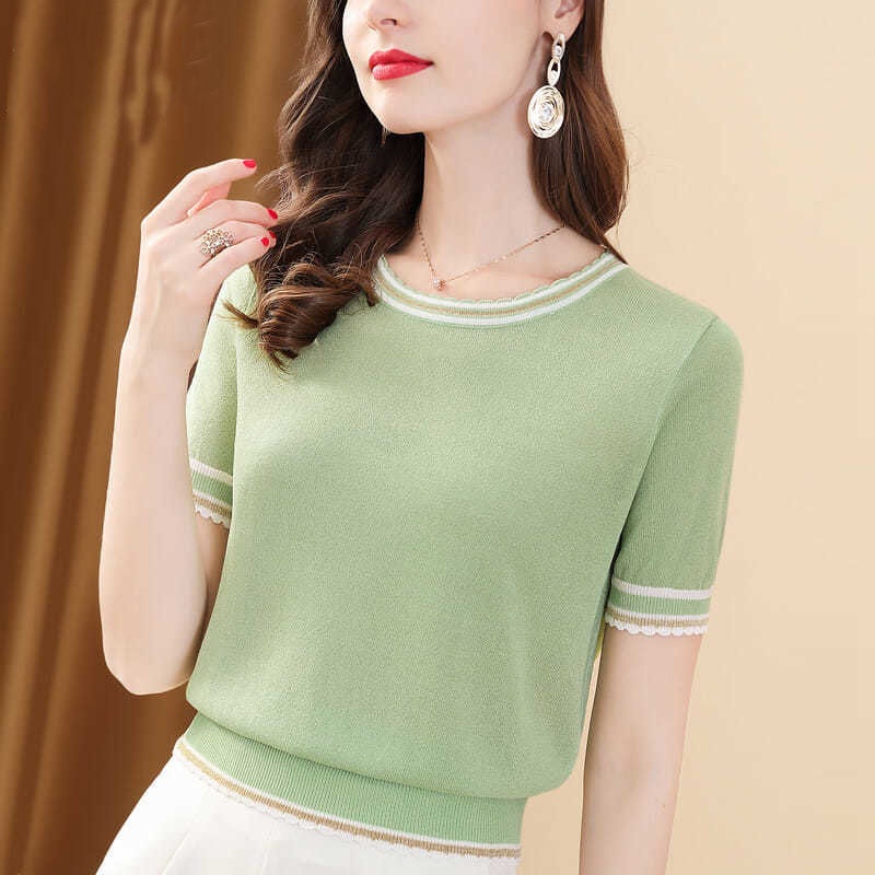 Áo Thun Lụa Dệt Kim Tay Ngắn Cổ Tròn Màu Sắc Tươi Sáng Thời Trang Mùa Hè Dành Cho Nữ