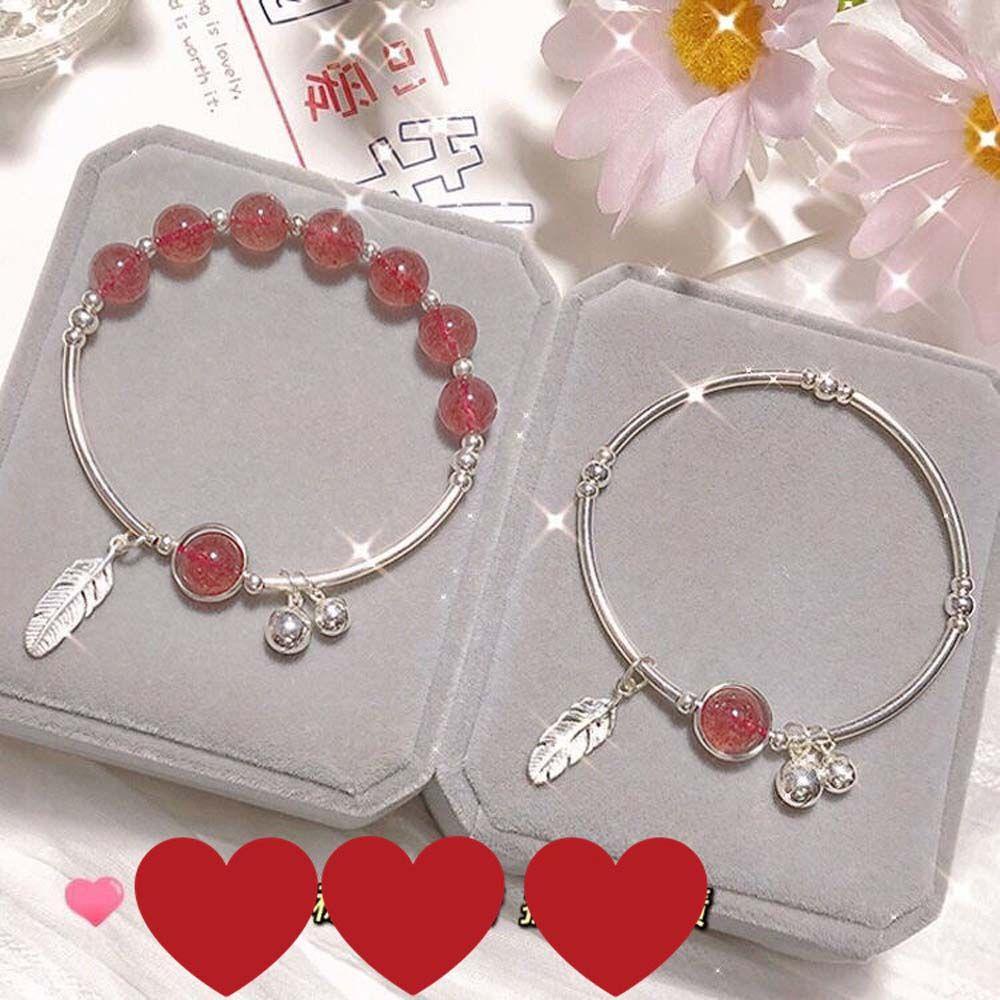 Vòng đeo tay MKEB kiểu dây co giãn mặt đá opal hình trái dâu dễ thương phong cách Hàn Quốc