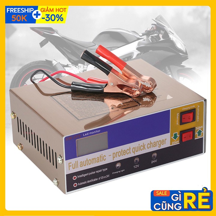 Bộ sạc ắc quy 12v/24v - 200ah, máy sạc bình xe máy ôtô xe tải thông minh tự động ngắt khi đầy