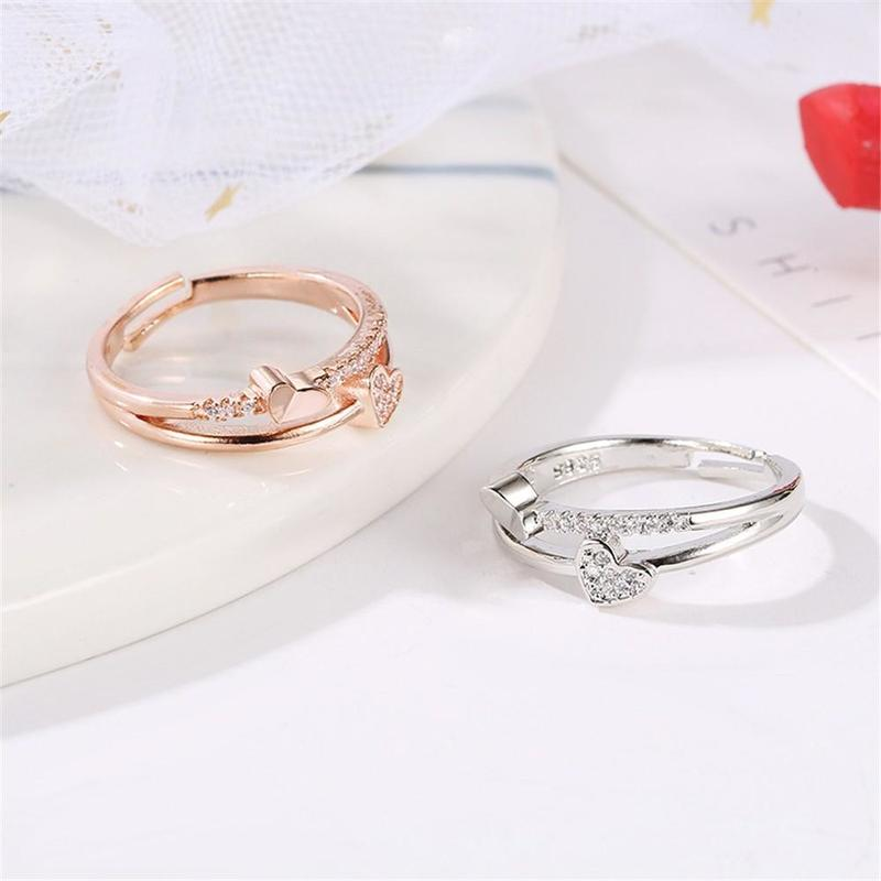 [WHOLESALE] [Women Korean Fashion Double Layer Crystal Heart Open Adjustable Rings ] [ Elegant Ladies Smooth Fine Thin Finger Ring] [Lovely Jewelry Gifts For Girl Friends]