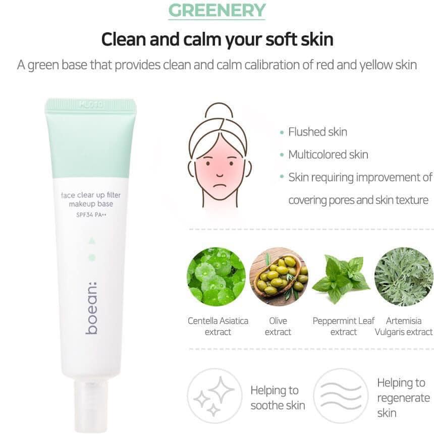 Kem Nền Khóa Ẩm Chống Tia Cực Tím Cho Da BOEAN Face Clear Up Filter Makeup Base SPF34 PA++ 30ml / Greenery