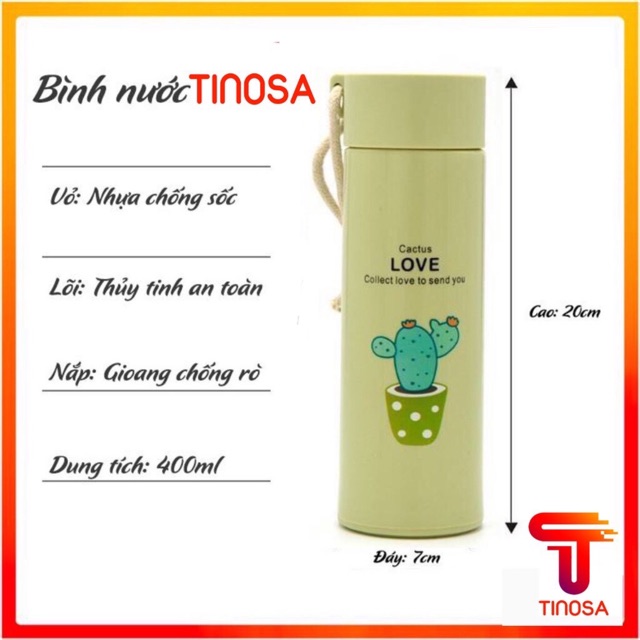 Bình Thủy Tinh Bọc Nhựa Lúa Mạch Xương Rồng Cactus Love 400ml. bình chống vỡ, chống va đập