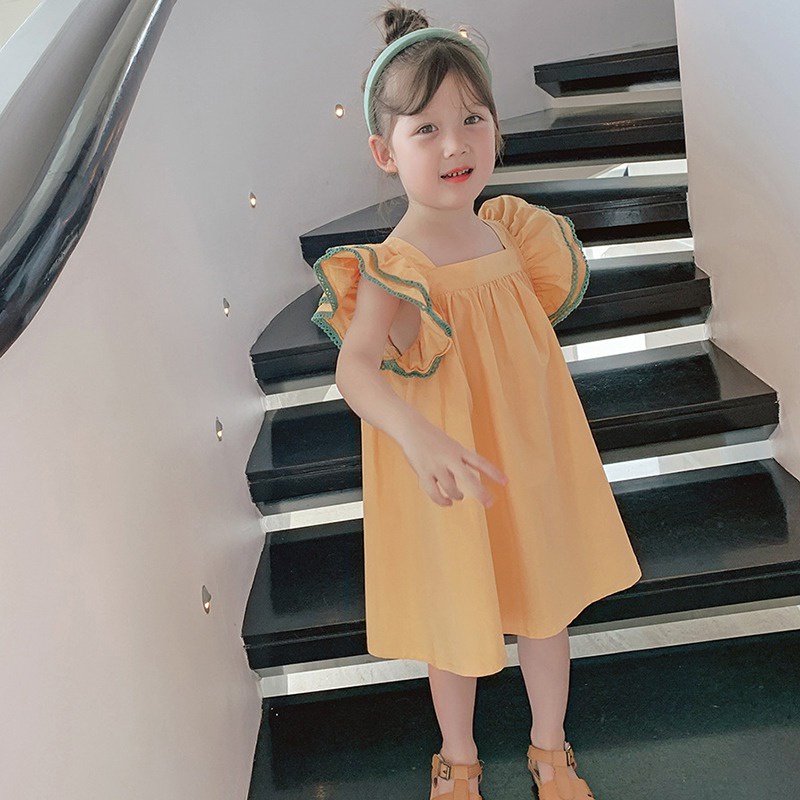 Đầm Chữ A Xếp Ly Cổ Vuông Dễ Thương Cho Bé Gái 3-8 Tuổi