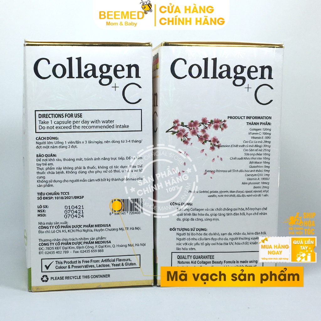 Bổ sung nội tiết tố từ Collagen C thủy phân - Collagen +C hộp 60v có thêm vitamin C, E, glutathion và mầm đậu nành