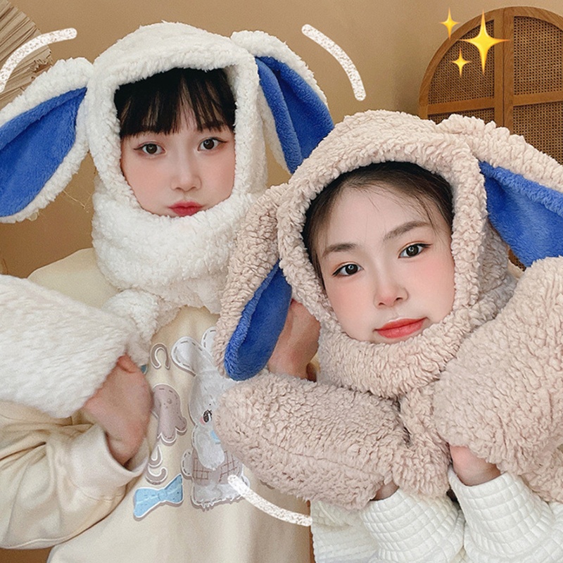 Set Mũ Khăn Choàng Cổ Tai Thỏ Kèm Găng Tay Giữ Ấm Mùa Đông