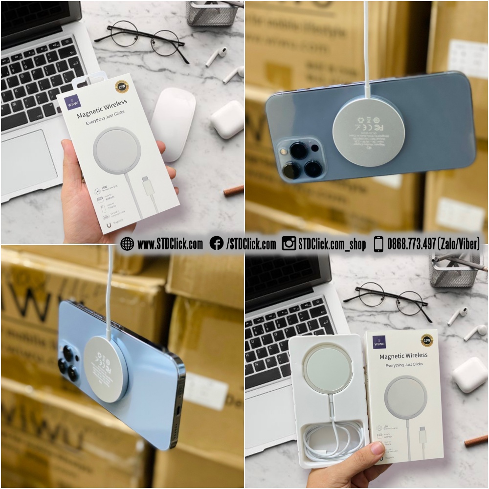 SẠC KHÔNG DÂY TỪ TÍNH DÀNH CHO IPHONE 14 PRO MAX - 13 PRO MAX - 14 SERI - 13 SERI - 12 SERI WIWU M5 15W CHÍNH HÃNG