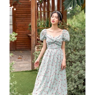 Đầm tết voan xanh họa tiết hoa nhí tay lỡ xoắn ngực tay lỡ dáng xòe-hình thật shop chụp