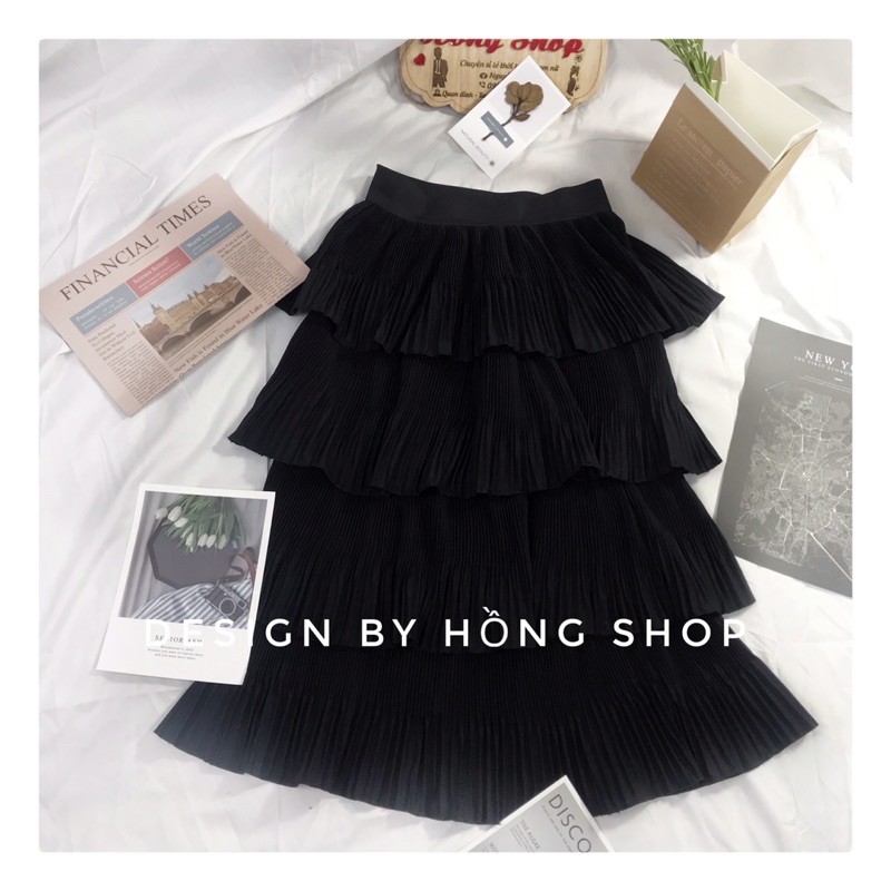 Chân váy dài 4 tầng ulzzang công sở hàn quốc vintage dài qua gối lưng cao dáng xòe midi màu Đen/Trắng Freesize