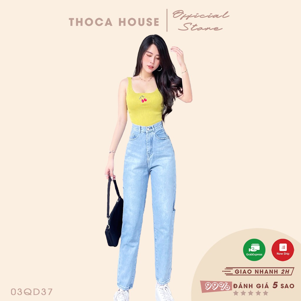 Quần jeans baggy nữ cạp cao kiểu cắt wax xanh nhạt 2276 THOCA HOUSE phối mọi trang phục, vải dày dặn cao cấp