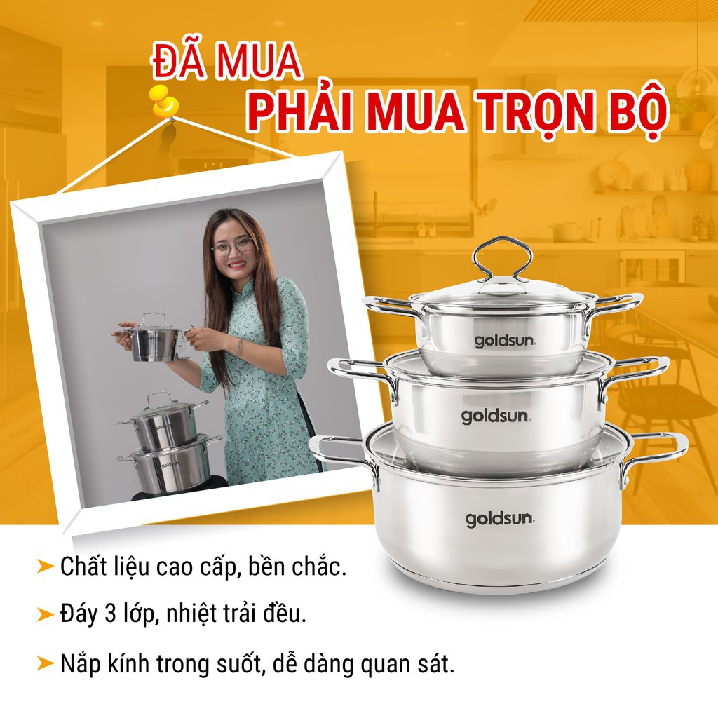 [GOLDSUN VIỆT NAM] 🥘🥘🥘 BỘ 3 NỒI INOX ❤️ 16cm, 20cm, 24cm GOLDSUN GD18-3306SG ❤️