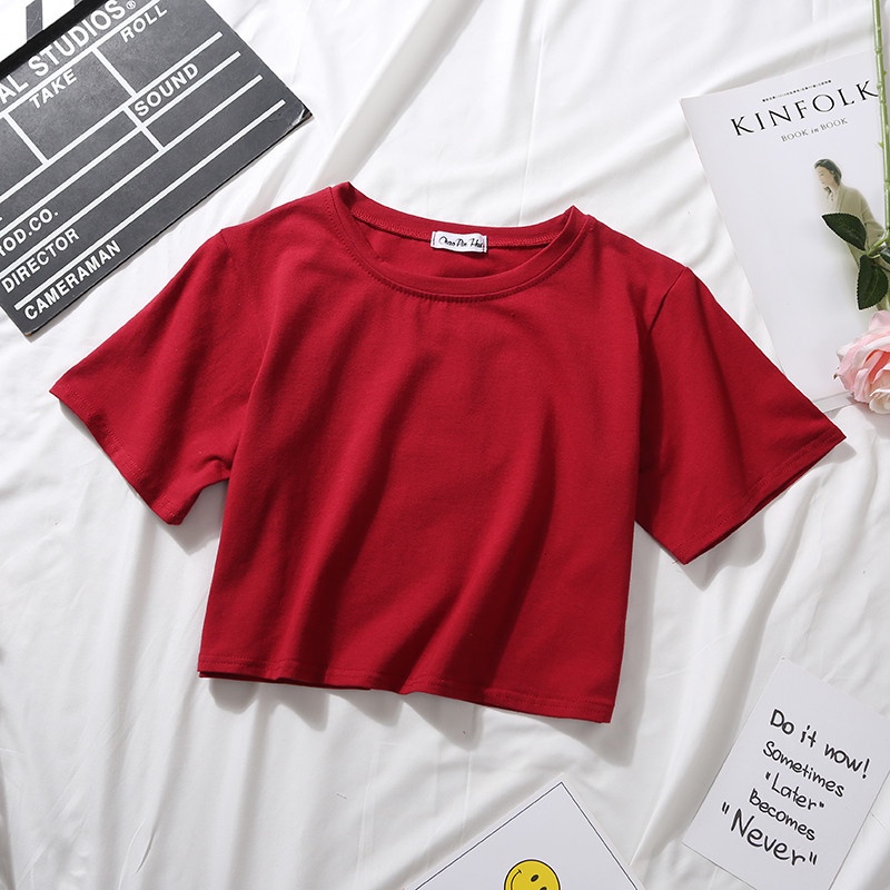 Áo thun croptop TODOBLACK tay ngắn cổ tròn dáng rộng màu trơn thời trang mùa hè xinh xắn cho nữ