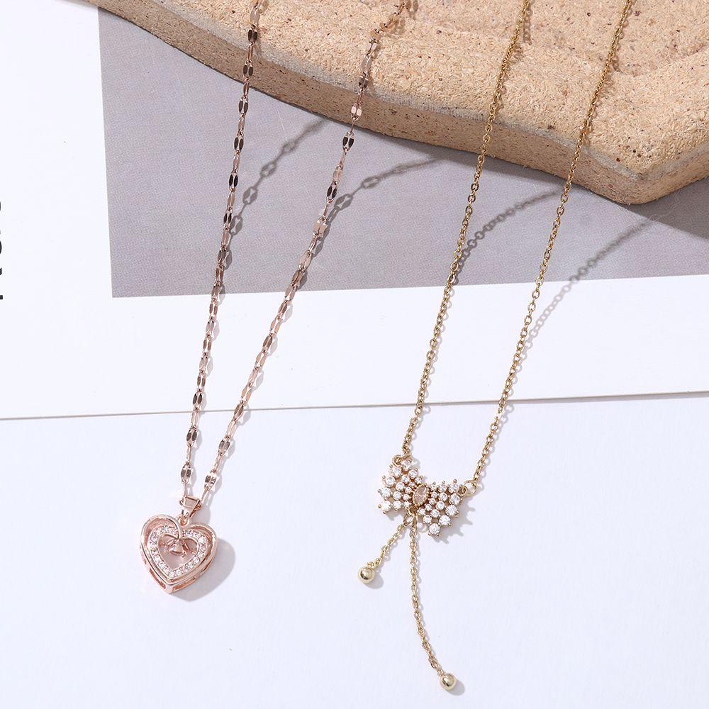 JUNE Simple Pendant Necklace Japanese and Korean-Style Heart Titanium Steel Clavicle Chain Rose|Exquisite Classic Fashionable Jewelry Bow-knot