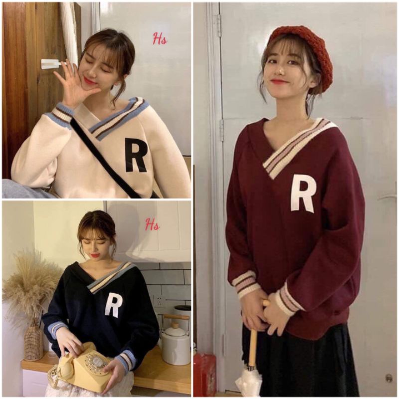 Áo Nỉ Nữ Dài Tay In Chữ Dáng Rộng 3 Màu Dưới 70kg - Cổ V Thun Phối Màu Chữ R G030