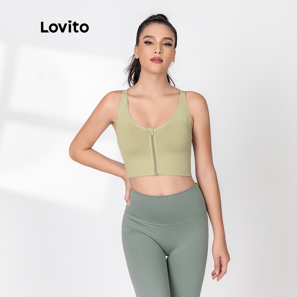 Áo lót Lovito kiểu thể thao màu trơn phối xích chéo L06006 (xanh lá/hồng)