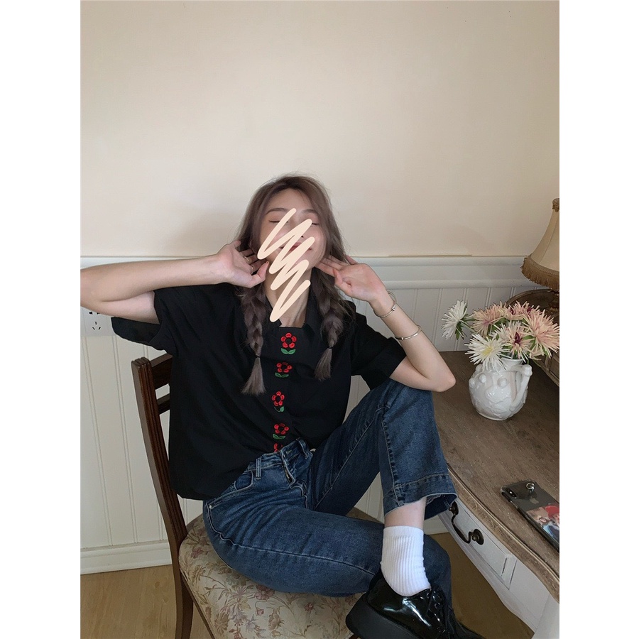 Áo sơ mi cộc tay thêu nẹp phong cách Ulzzang Hàn Quốc