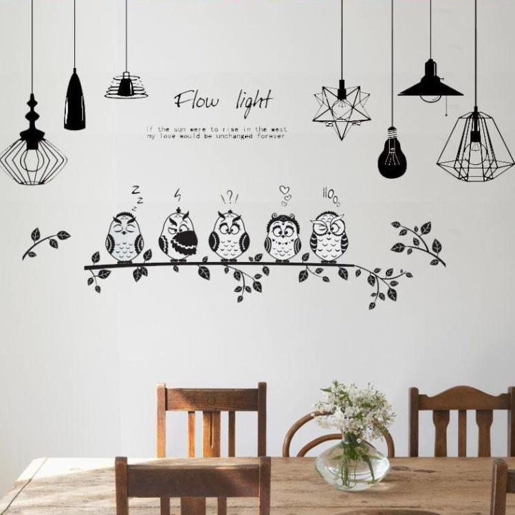 Decal dán tường kết hợp đèn treo, đàn chim cú mèo trắng đen XH5206+JM8353 Zooyoo