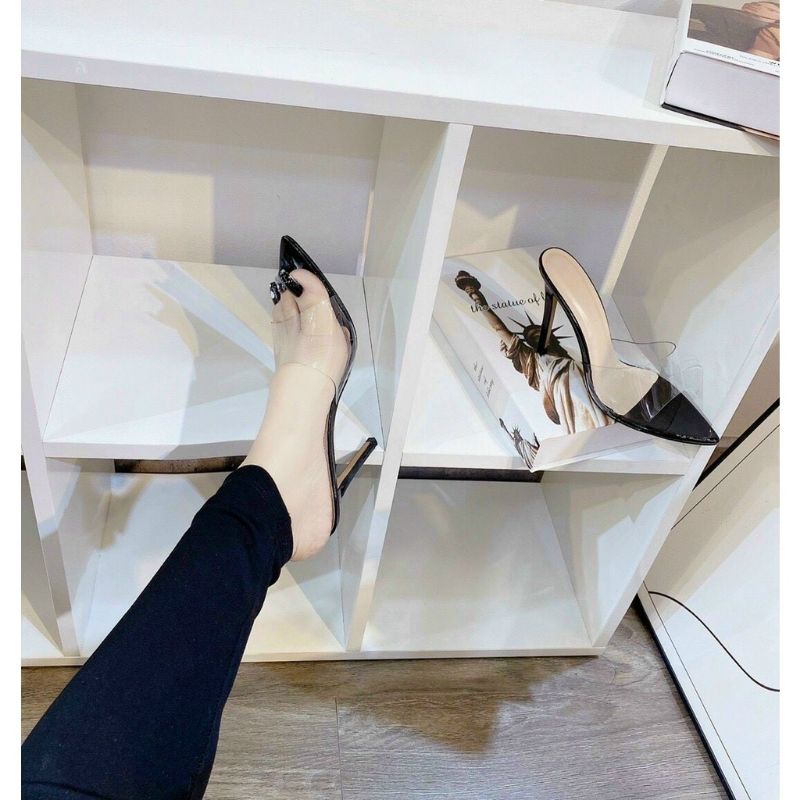 Guốc Cao Gót Đế Nhọn  Cao 9 Phân Quai Trong Mica Siêu Đẹp