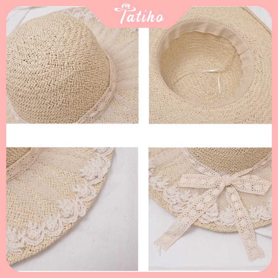 Mũ Cói Unisex Nữ, Nón Cói Vành Rộng Chất Liệu Cao Cấp Họa Tiết Phối Voan Nơ Ren Phong Cách Vintage Đi Biển - Mã NC028