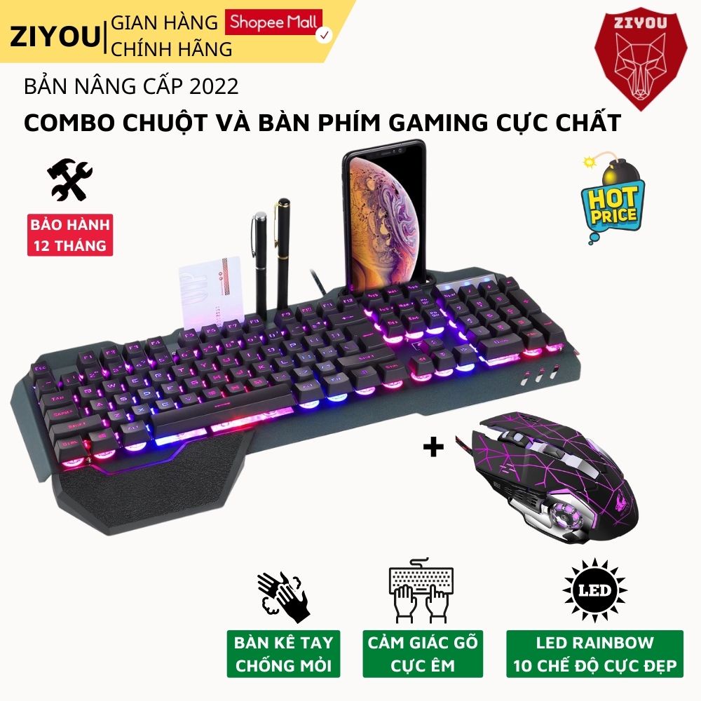 Combo Bàn Phím Giả Cơ Và Chuột Gaming LED ZIYOU K618 Và V5 Phím Bấm Êm Dùng Văn Phòng, Chơi Game Trên Máy Tính, Laptop