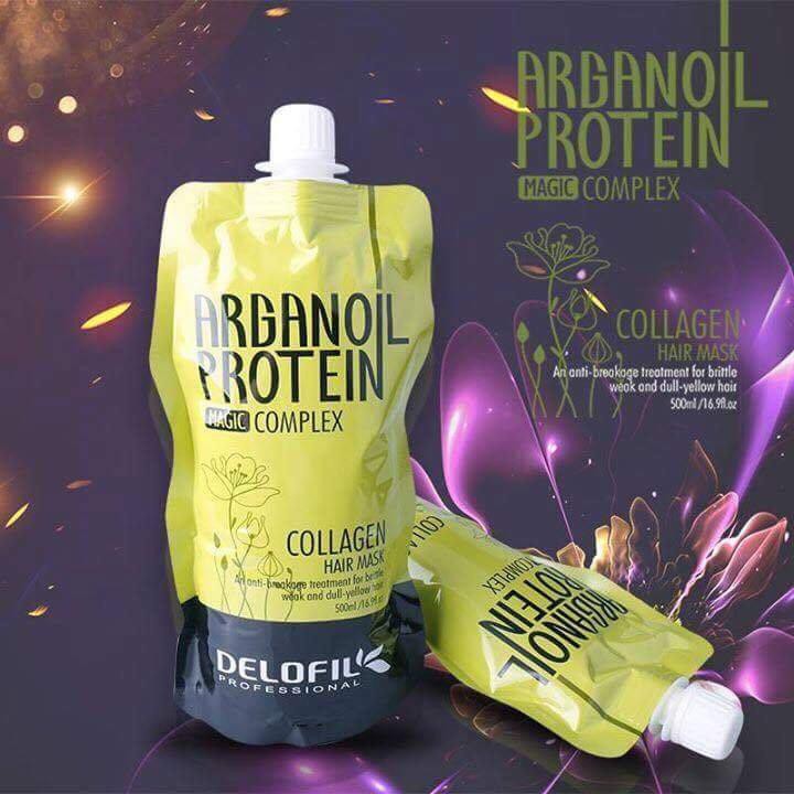 DELOFIL- DẦU HẤP Ủ TÓC PHỤC HỒI DƯỠNG ẨM COLLAGEN DELOFIL ARGANOIL PROTEIN SIÊU MƯỢT 500ML(TÚI)