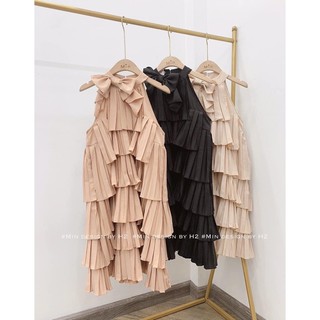 SẴN🎀 Đầm dự tiệc cổ yếm xếp ly tầng thắt nơ cổ cao cấp| Váy thiết kế độc dáng suônh sang chảnh phong cách quý tộc Pháp