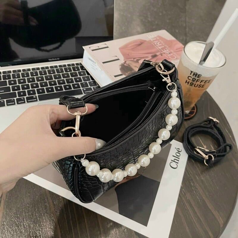 Túi đeo chéo kẹp nách, Túi xách nữ dây da xoắn phối chuỗi ngọc thời trang cao cấp