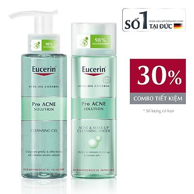 Combo Eucerin Nước Tẩy Trang Cho Da Mụn+Gel Rửa Mặt Da Dầu Mụn Make-up Cleansing Water and ProAcne Solution Cleansing Ge