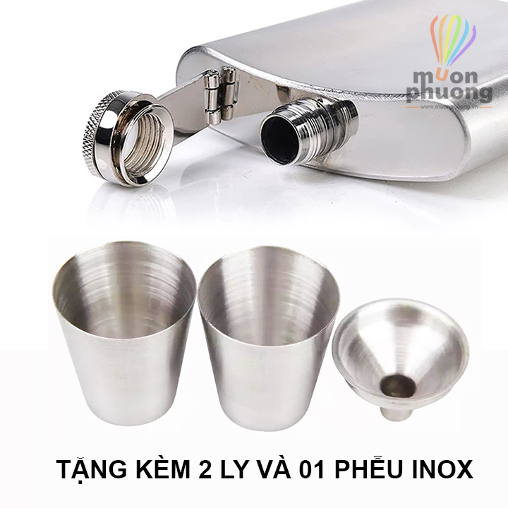 Bình đựng rượu thuốc chất lỏng inox Hip Flask 7oz kèm ly và phễu - MUÔN PHƯƠNG SHOP