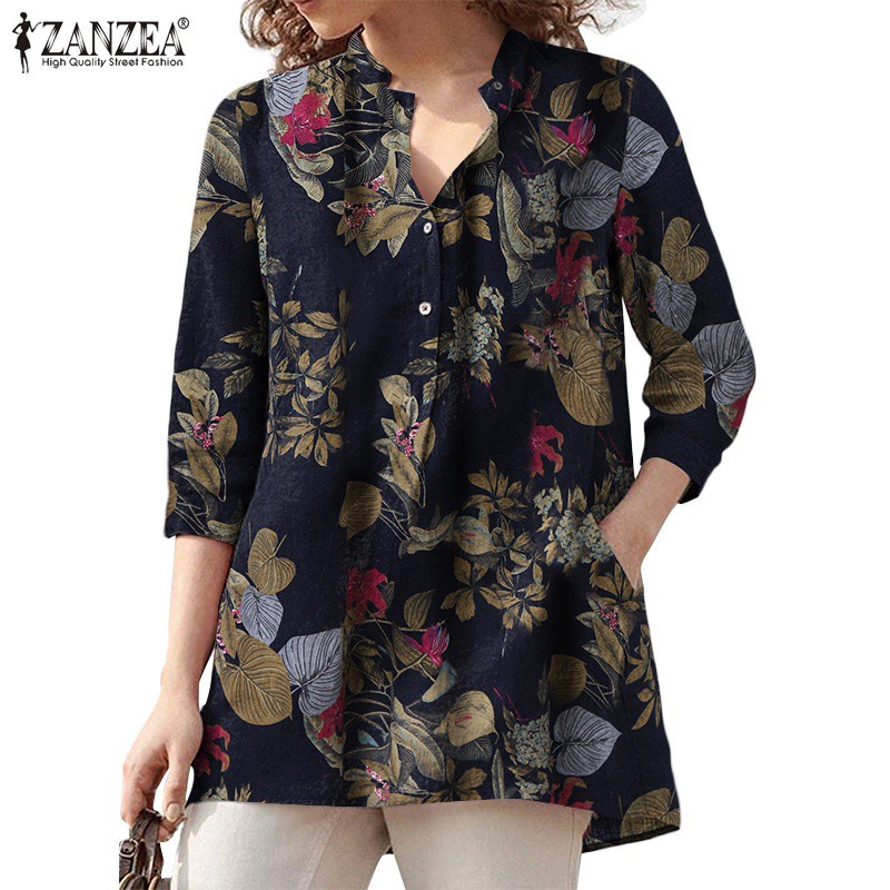 Áo Kiểu ZANZEA Cotton Tay Dài Cổ Chữ V Đơn Giản Thời Trang Cho Nữ