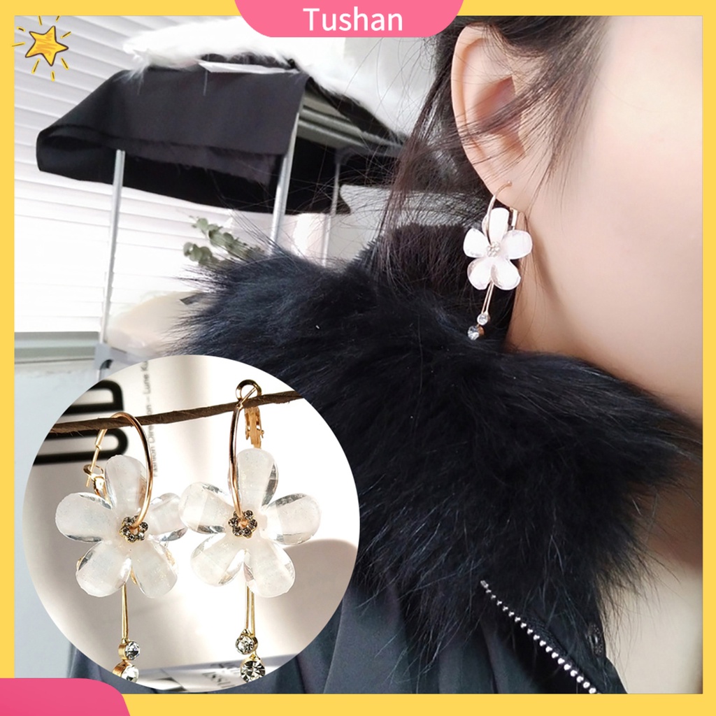 Khuyên tai dài hình hoa đính đá phong cách Hàn Quốc