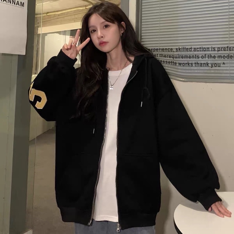 Áo Khoác Nỉ Nữ Có Nón Form Rộng In Chữ Tay Lưng Che Nắng Chắn Gió Mặc Thoải Mái [NEW UNISEX]