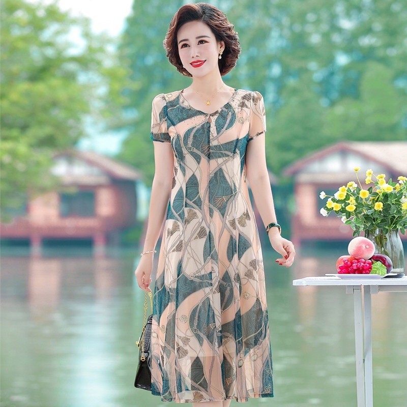 Đầm voan trung niên nữ cao cấp, hoạ tiết trẻ trung, màu sắc thanh lịch NV0697