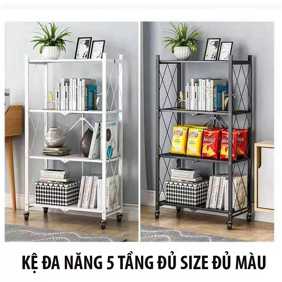 Kệ sắt đựng đồ đa năng gấp gọn 5 tầng có bánh xe dùng trong gia đình: phòng bếp, phòng khách, phòng trưng bày