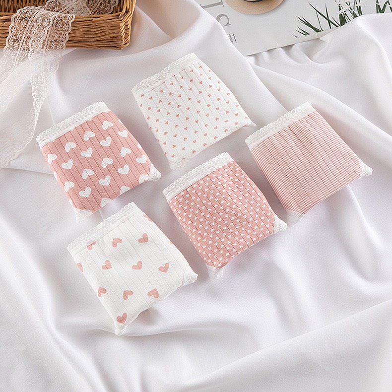 Quần Lót Cotton Tăm Co Giãn 4 Chiều Hình Trái Tim Hồng Siêu Xinh