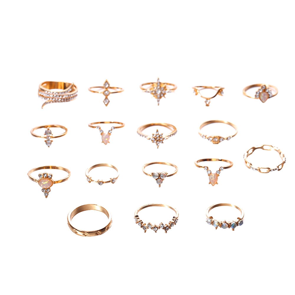 Set 17 nhẫn đeo tay đính hạt kim cương nhân tạo theo phong cách Bohemian