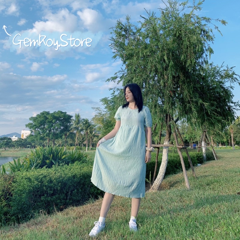 Váy Babydoll cổ tròn tay phồng xanh ngọc Xanh Mint hàng đẹp Đầm suông dáng dài phong cách Hàn quốc dành cho nữ
