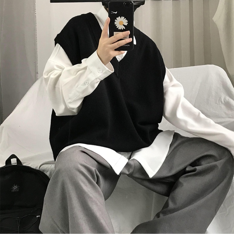 Áo Sweater Không Tay Cổ Chữ V Dáng Rộng Màu Trơn Thời Trang Đơn Giản Phong Cách Hàn Quốc Thanh Lịch Dễ Phối Cho Nam