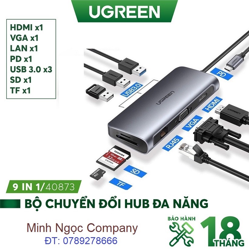 HUB bộ chuyển đổi đa năng USB Type C sang các cổng HDMI+VGA+3 cổng USB 3.0+Lan Gigabit RJ45 + SD,TF Ugreen 40873 CM212